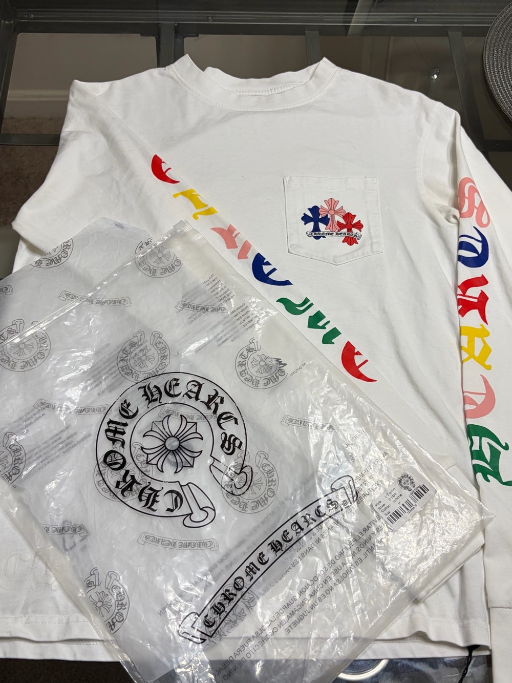 Chrome Hearts Kids White Long-Sleeve Pocket Tee with Rainbow Cross Motif
